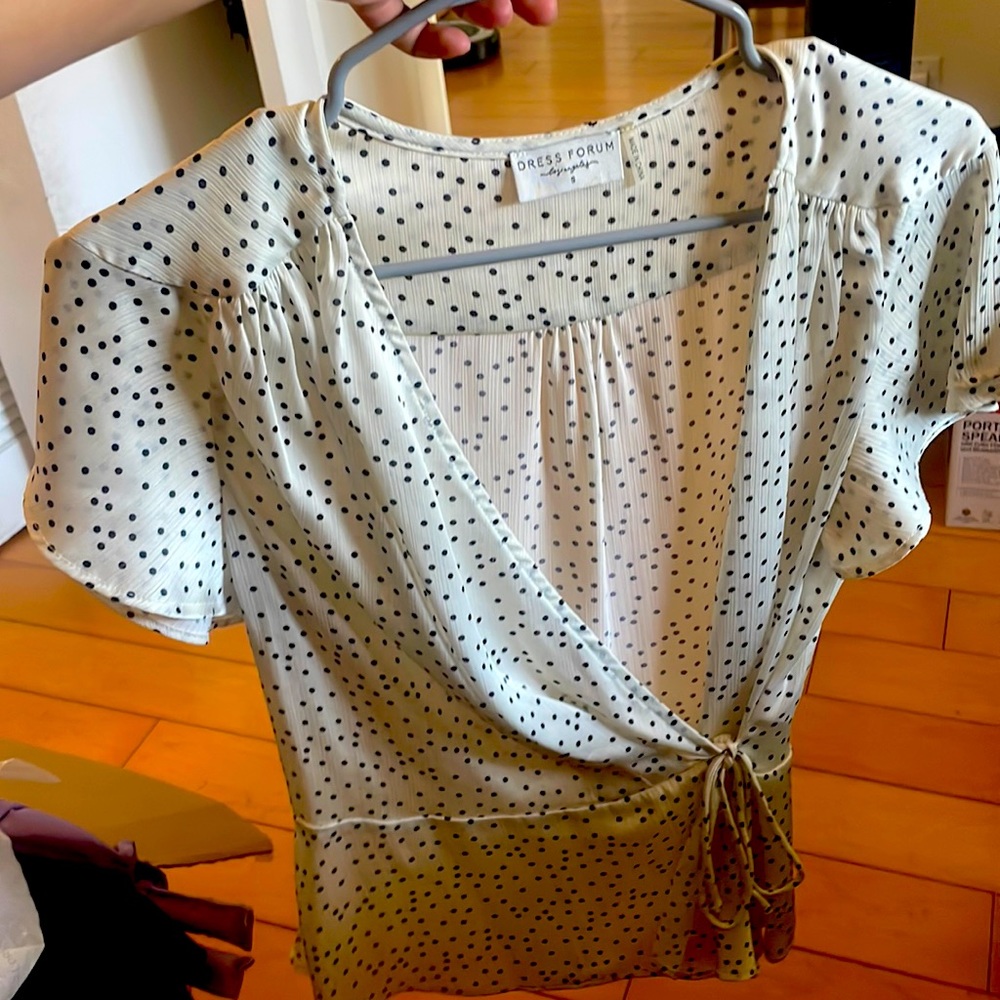 White and black polka dot blouse size small